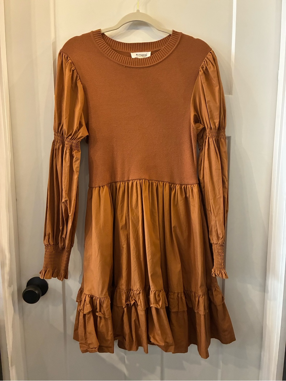 Rust Orange Midi Dress with Smocked Sleeves